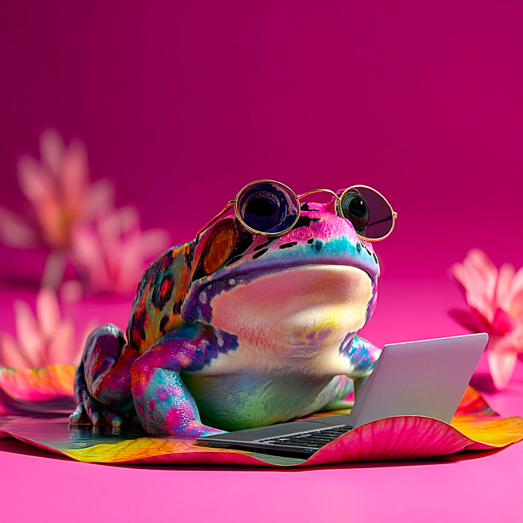 Une grenouille rédigeant des contenus web. Agence de rédaction web à Lyon.