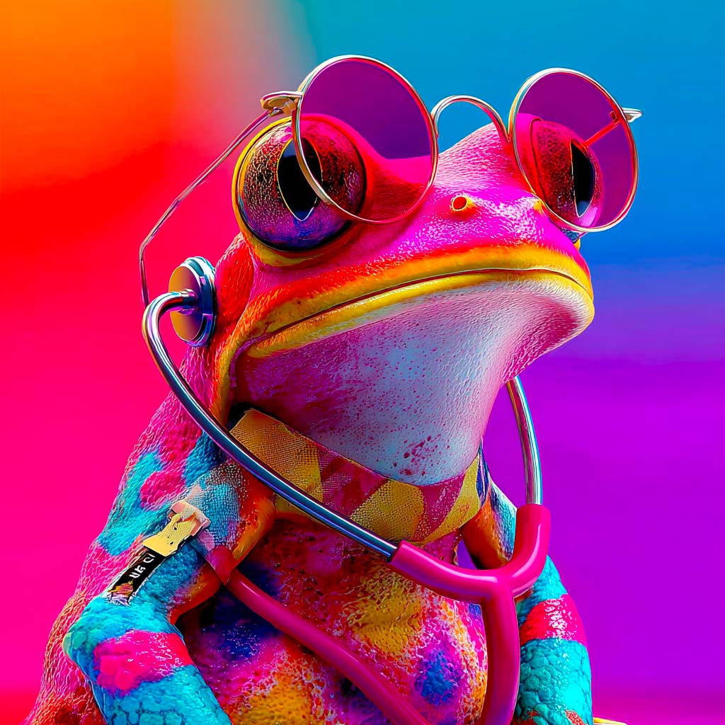 Une grenouille dans une clinique vétérinaire. Logo de clinique vétérinaire.