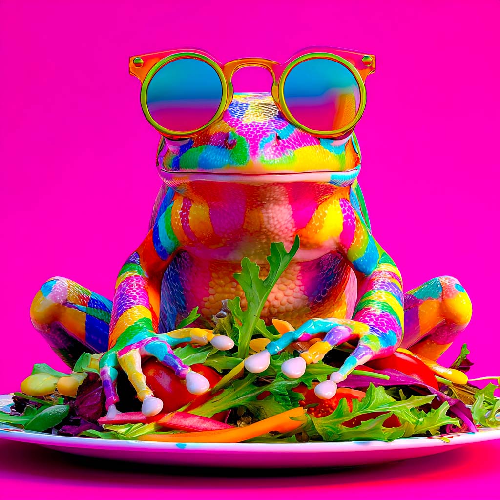 Une grenouille mangeant un plat dans un restaurant. Création de logo de restaurant à Lyon.