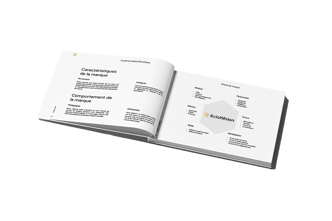 Le brandbook d'éclohésion contenant sa plateforme de marque.|Le brandbook de l'entreprise de production audiovisuelle Seven Scars Production|Une infographie expliquant de quoi est constituée une plateforme de marque