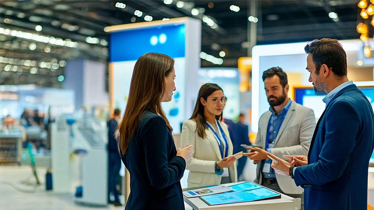 Une équipe commerciale répondant aux demandes d'un prospect lors d'un salon professionnel en 2025.|Infographie résumant les principaux bénéfices pour une entreprise de participer à un salon professionnel.|||Une jeune femme utilisant les réseaux sociaux pour communiquer sur sa présence lors d'un salon professionnel en 2025.|Bakc-office d'un crm utilisé pour un salon professionnel en 2025.