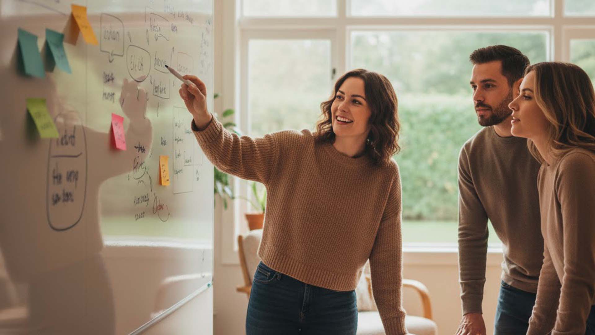 Une équipe en plein brainstorming pour trouver le nom d'une marque.