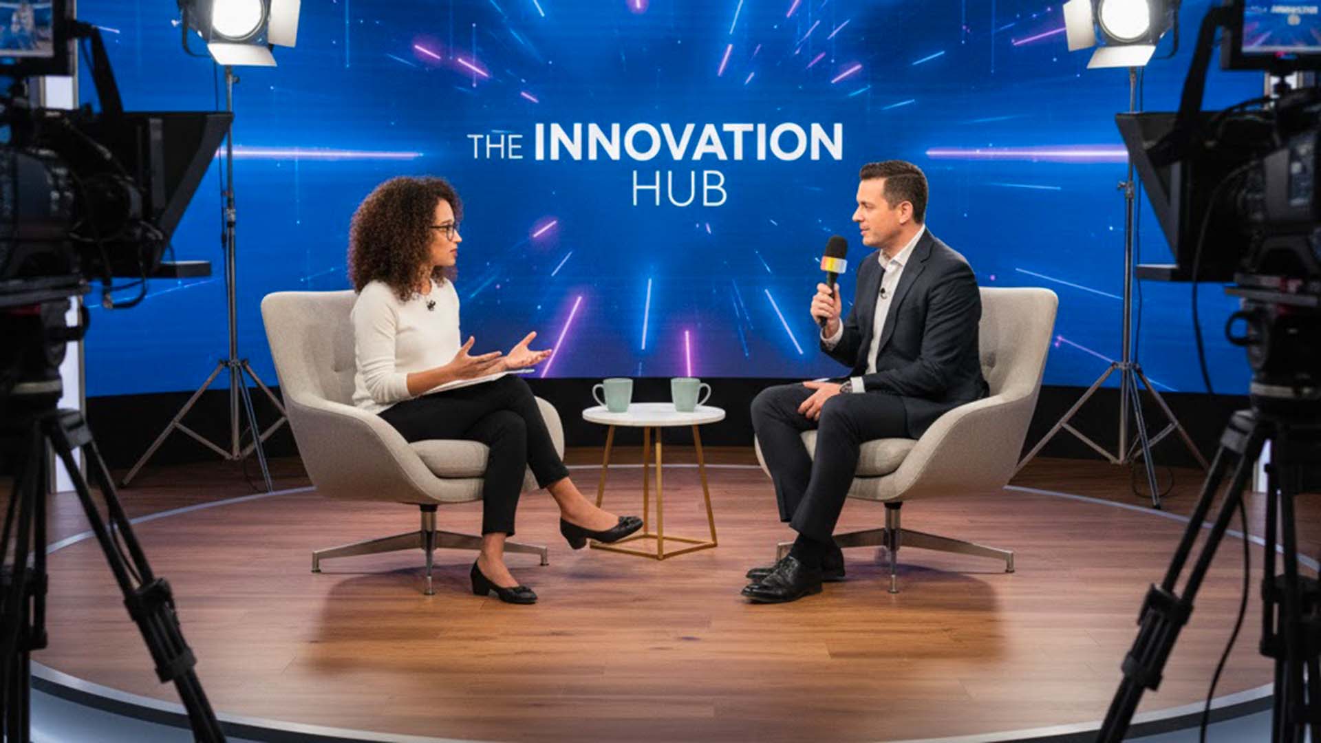 Une directrice marketing faisant la promotion de son nouveau produit sur un plateau TV.