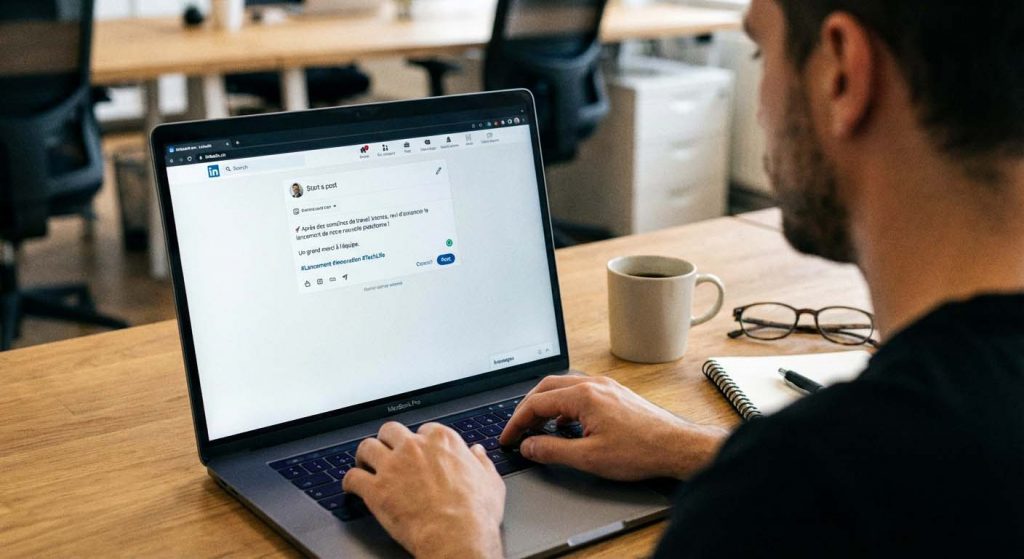 Un dirigeant d'entreprise rédigeant un post LinkedIn.